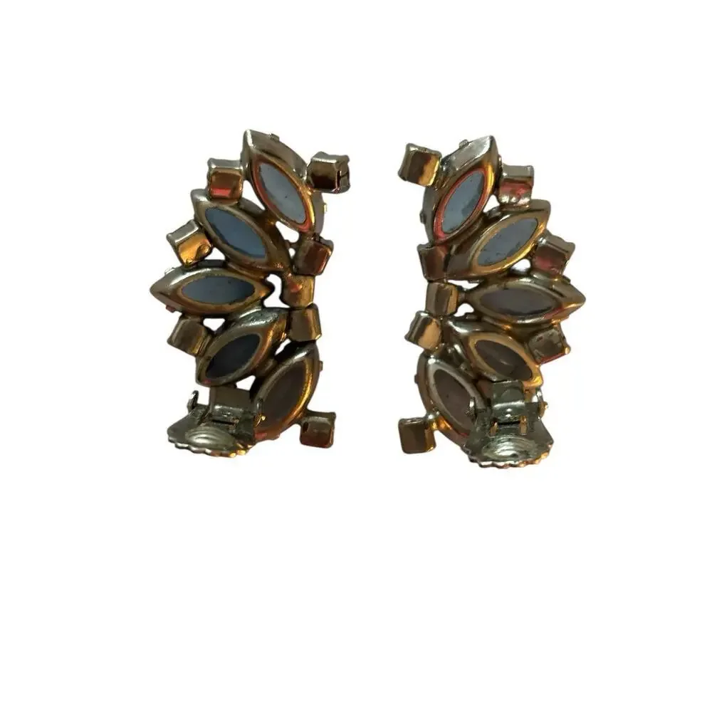 Frosted Light Blue Rhinestone Clip On Earrings High End Show Stopper Climber